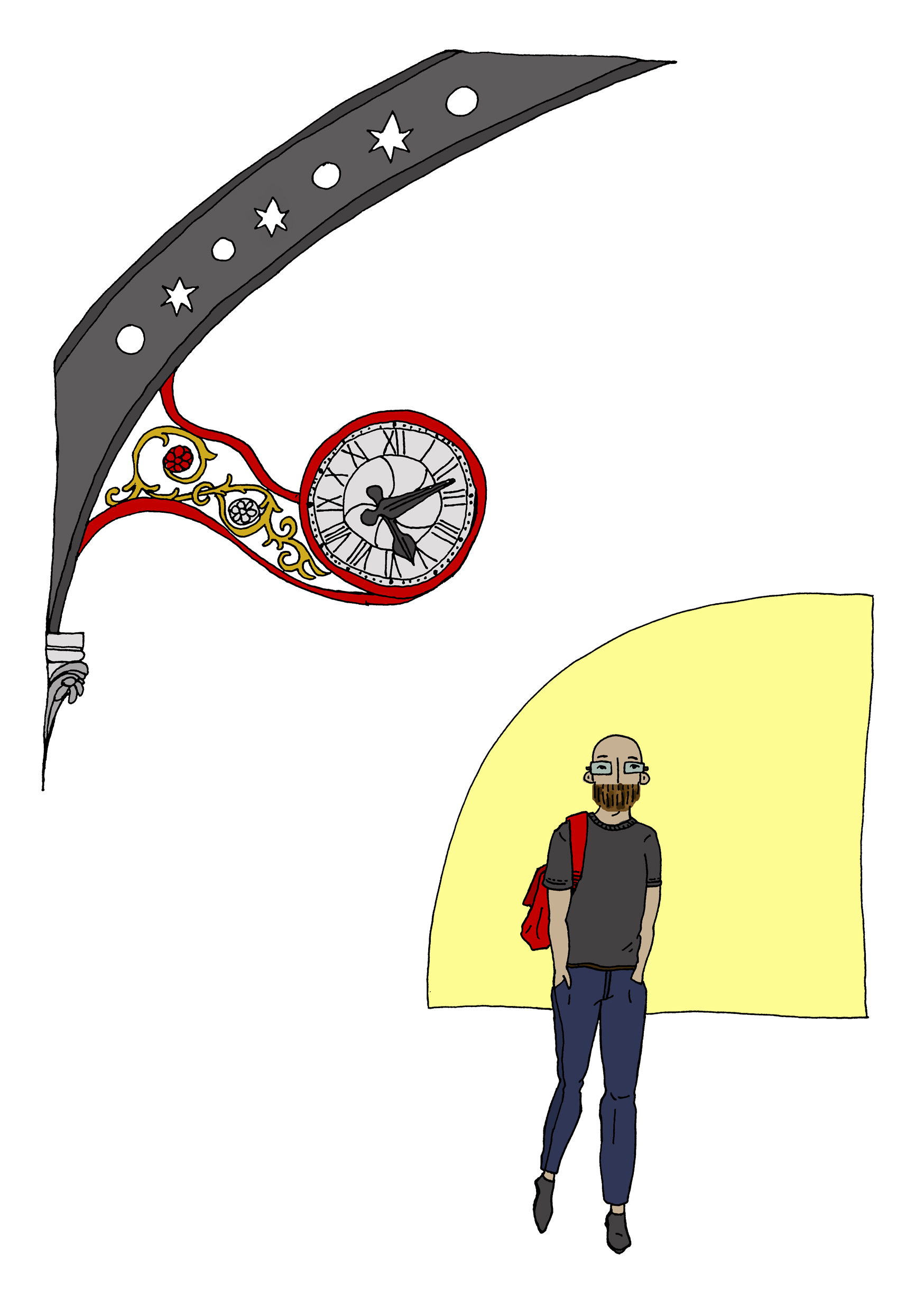 illustration of a person under Darlington station clock