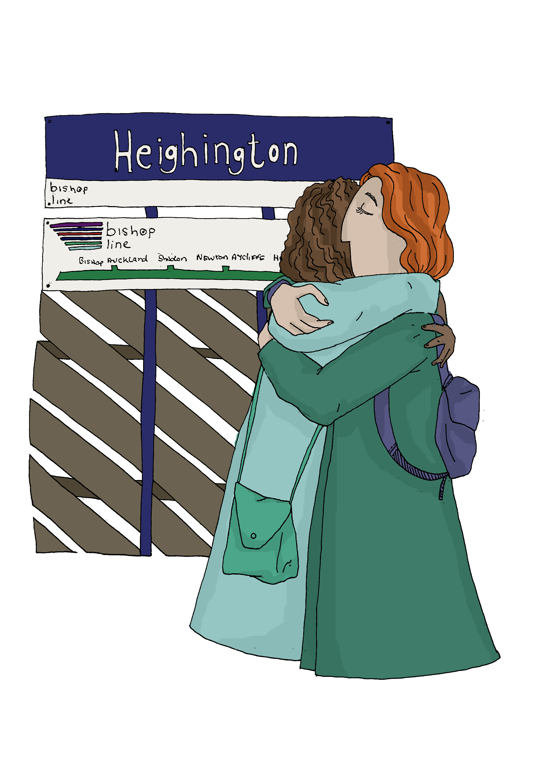 illustration of two people hugging at Heighington station