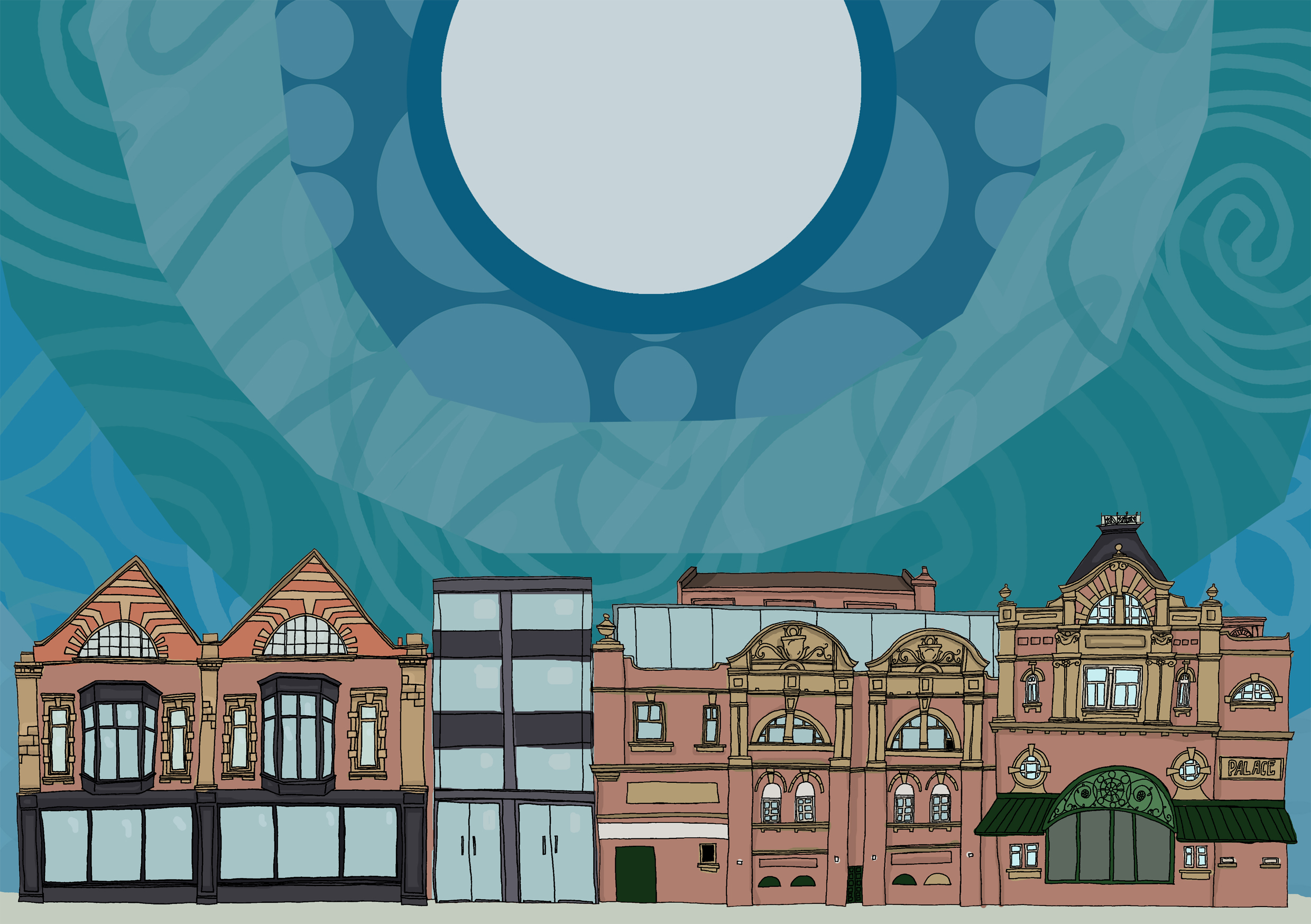 illustration of Darlington Hippodrome with large moon above