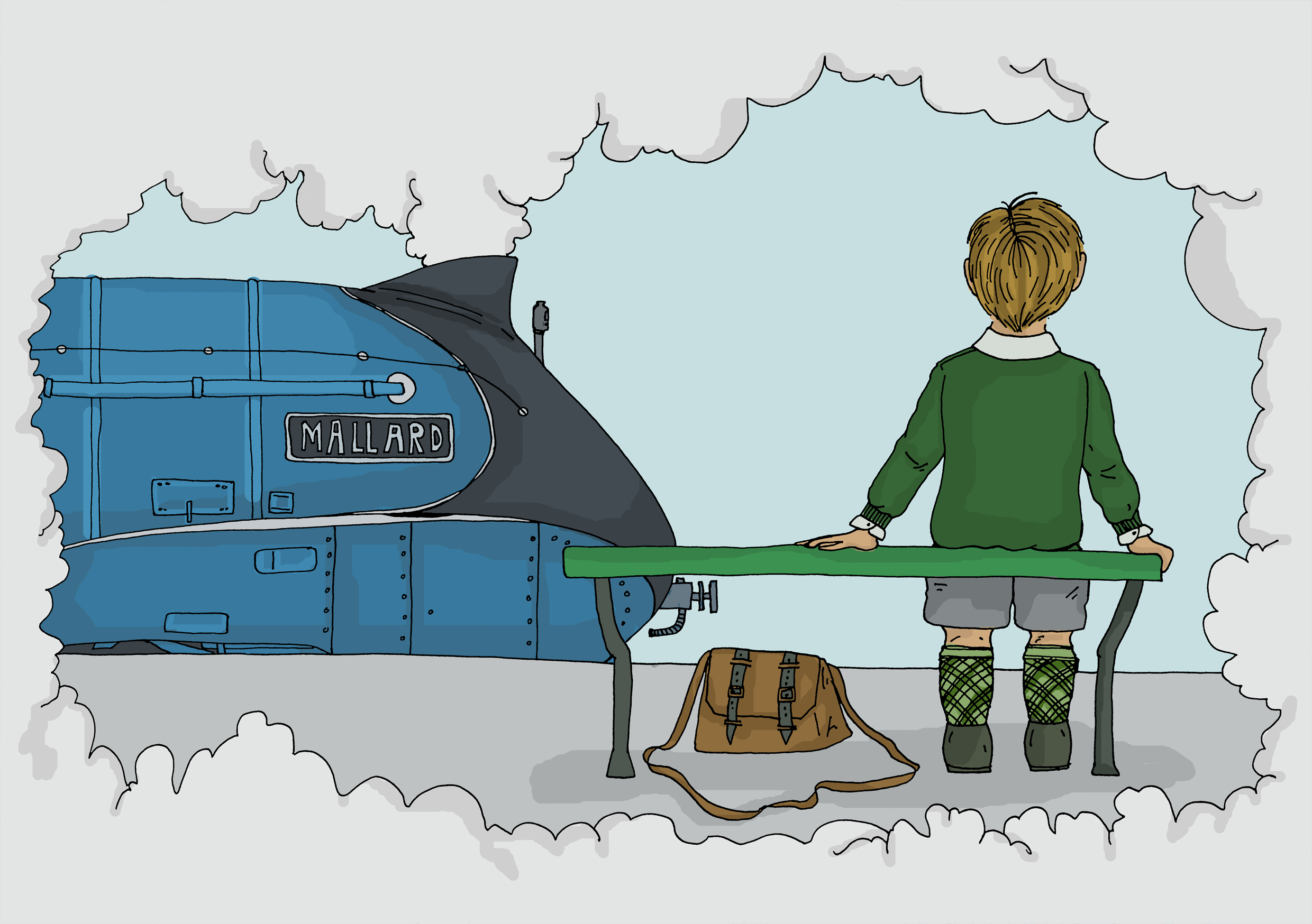 illustration of a child sitting on a bench with mallard the steam train in the background