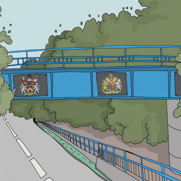 illustration of a blue railway bridge