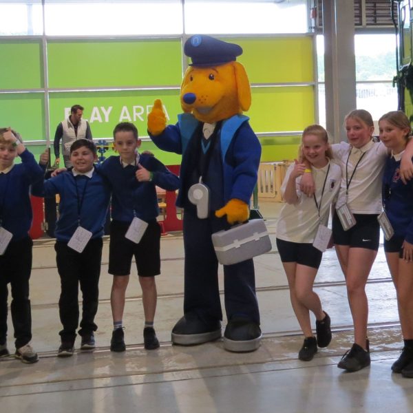 Etherley Lane Primary students with Whistle the Dog