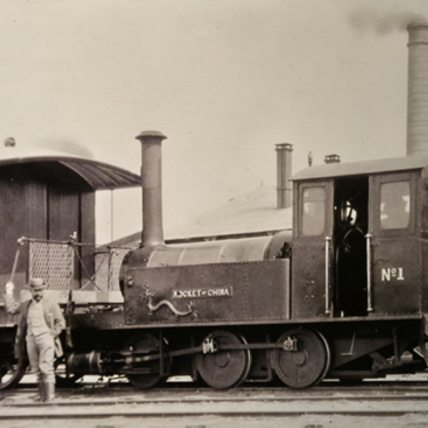 Claude Kinder in front of Rocket of China (attribute – China Railway Origin Museum)