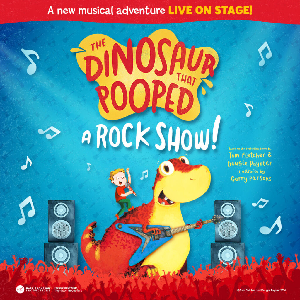 illustrated dinosaur playing a guitar with a boy on its back