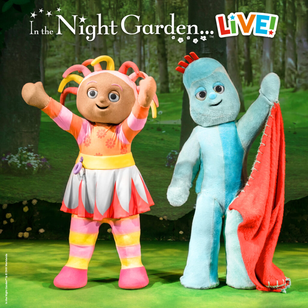 pink and blue children's characters waving