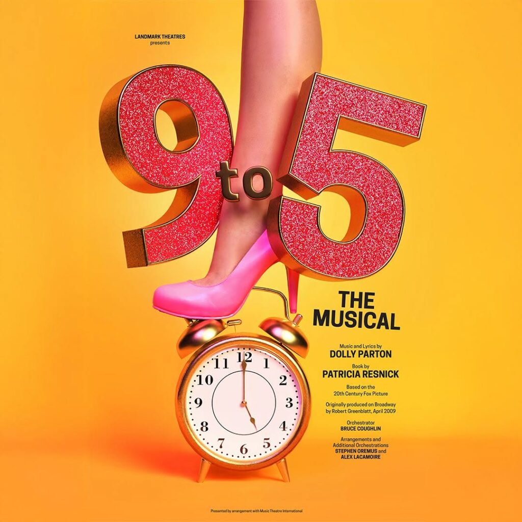 Image of a leg entering the picture from the top, wearing a pink high heel on the foot. The shoe is standing on top of an alarm clock. Featured in large text are the numbers 9 and 5.