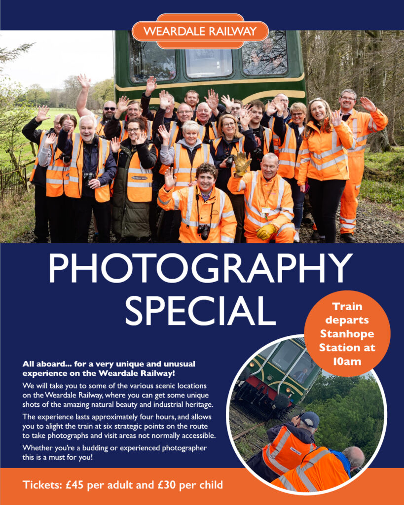 Image of a poster from Weardale Railway advertising the photography special train. Featuring a photo of 20 people wearing high viz vests standing in front of a stationary green train.