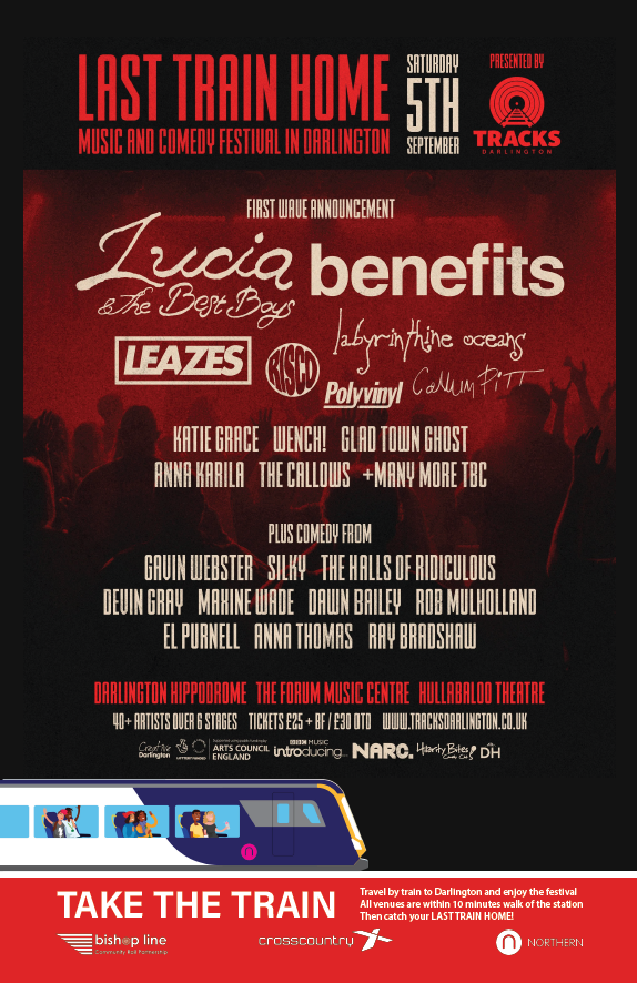 Red and Black Poster featuring Bands playing at the Last Train Home festival 2026.