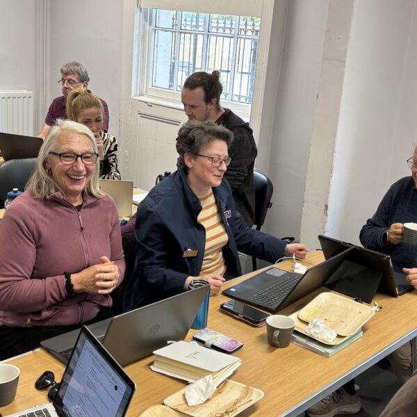 3 adults working at laptops